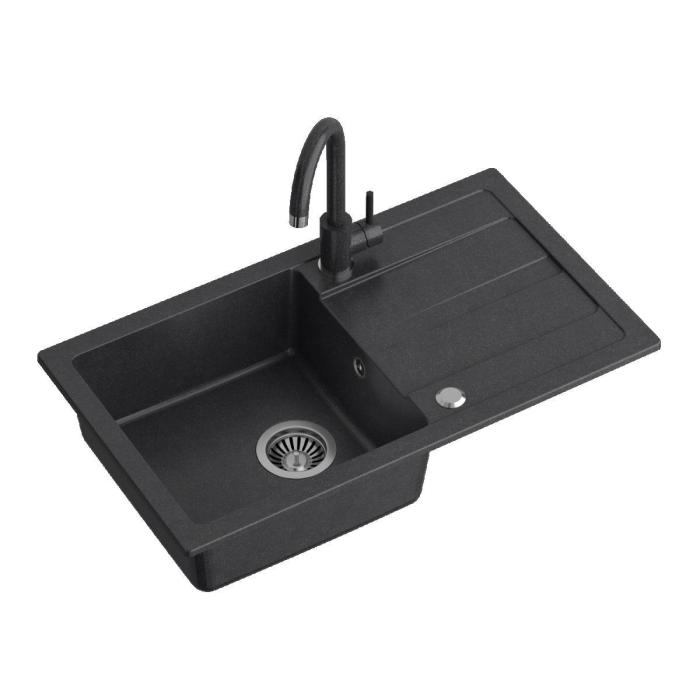 GO- MAX CZARNY zlewozmywak granitowy 1-k z/o (77x44x17,5) z bateria w kolorze  i syfonem manualnym z zaślepką