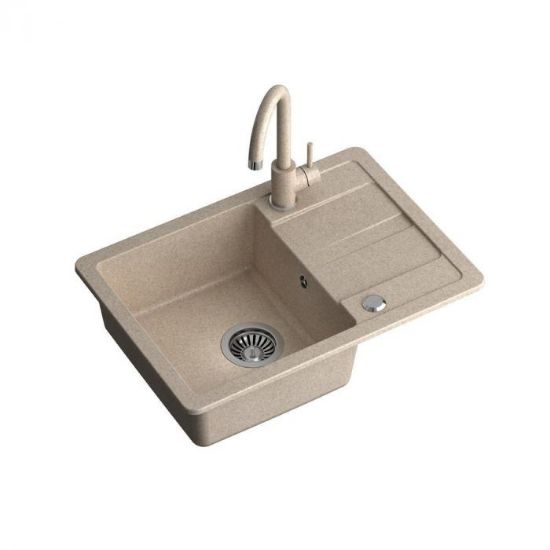 Obrazek GO- SMART BEŻOWY zlewozmywak granitowy 1-k z/o (62x44x17,5) z baterią w kolorze  i syfonem manualnym z zaślepką