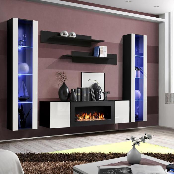 Meblościanka + Biokominek Fly M2 + Szkło Biały/Czarny