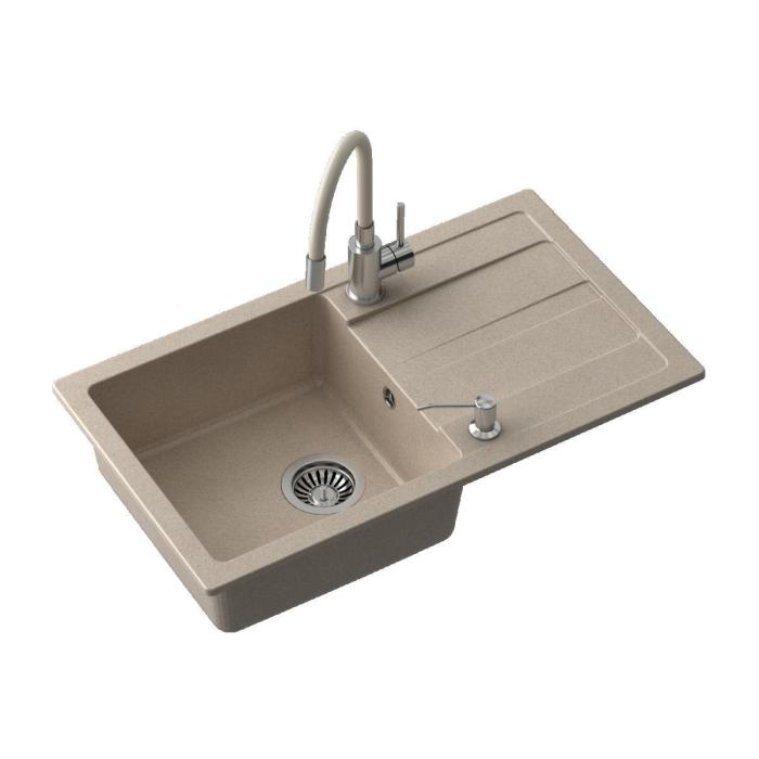 READY- MAX BEŻOWY zlewozmywak granitowy 1-k z/o (77x44x17,5) z baterią z elastyczną wylewką, dozownikiem stalowym i syfonem