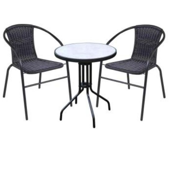Obrazek Komplet ogrodowy stół imitacja betonu i 2 krzesła technorattanowe czarne