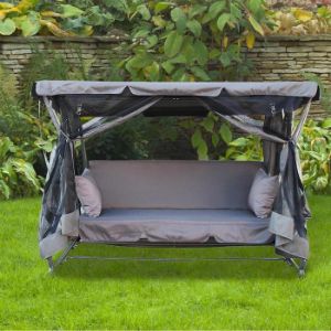 Obrazek Huśtawka ogrodowa szara rozkładana z moskitierą