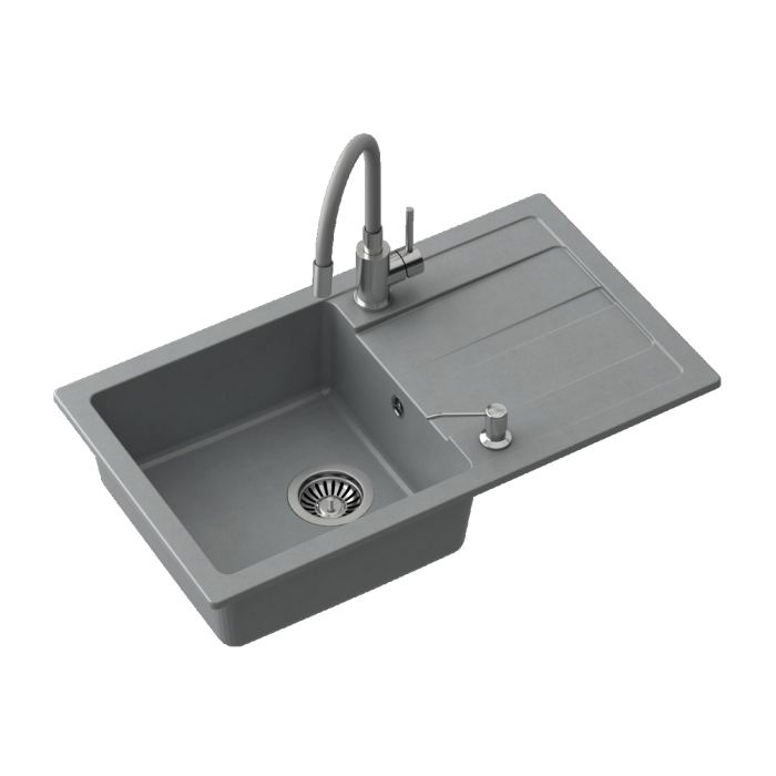 READY- MAX SZARY zlewozmywak granitowy 1-k z/o (77x44x17,5) z baterią z elastyczną wylewką, dozownikiem stalowym i syfonem