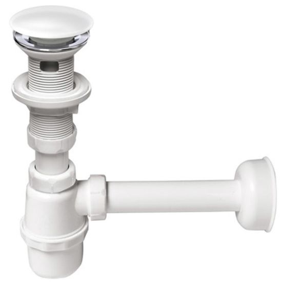 Obrazek Syfon umywalkowy butelkowy klik-klak ceramiczny biały z przelewem