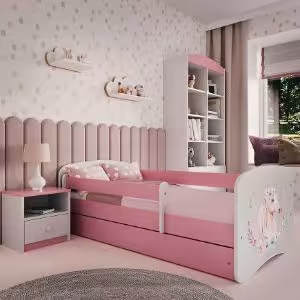 Obrazek Łóżko dziecięce z materacem i szufladą Babydreams Różowe 80x160 Konik