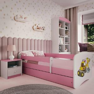 Obrazek Łóżko dziecięce z materacem i szufladą Babydreams Różowe 80x160 Koparka