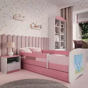 Obrazek Łóżko dziecięce z materacem i szufladą Babydreams Różowe 80x160 Miś Niebieski