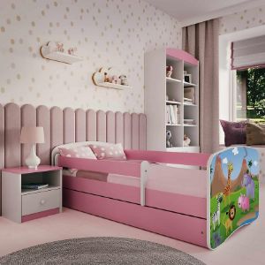 Obrazek Łóżko dziecięce z materacem i szufladą Babydreams Różowe 80x160 Safari