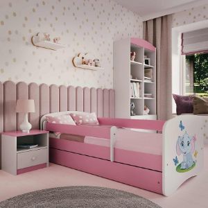 Obrazek Łóżko dziecięce z materacem i szufladą Babydreams Różowe 80x160 Słonik