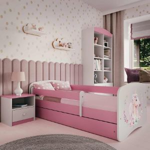 Obrazek Łóżko dziecięce z materacem i szufladą Babydreams Różowe 80x180 Konik