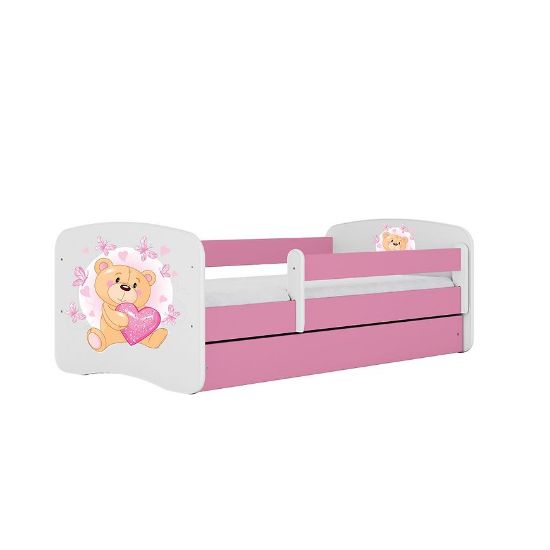 Obrazek Łóżko dziecięce z materacem i szufladą Babydreams Różowe 80x180 Miś Motyl