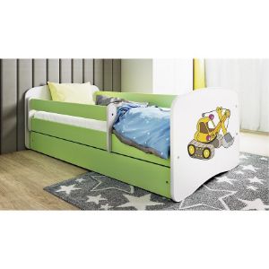 Obrazek Łóżko dziecięce z materacem i szufladą Babydreams Zielone 70x140 Koparka