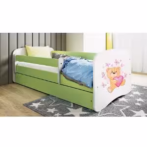 Obrazek Łóżko dziecięce z materacem i szufladą Babydreams Zielone 80x160 Miś Motyl
