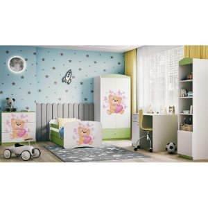 Obrazek Łóżko dziecięce z materacem i szufladą Babydreams Zielone 80x160 Miś Motyl