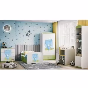 Obrazek Łóżko dziecięce z materacem i szufladą Babydreams Zielone 80x160 Miś Niebieski