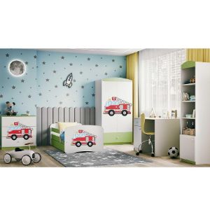 Obrazek Łóżko dziecięce z materacem i szufladą Babydreams Zielone 80x160 Straż Pożarna