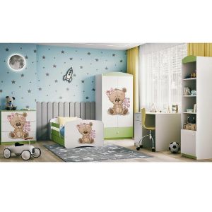 Obrazek Łóżko dziecięce z materacem i szufladą Babydreams Zielone 80x180 Miś Kwiatki