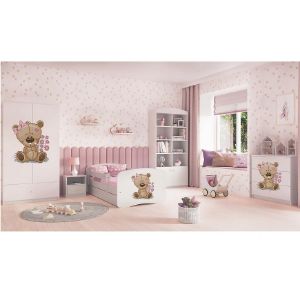 Obrazek Łóżko dziecięce z materacem i szufladą Babydreams Biały 80x180 Miś Kwiatki