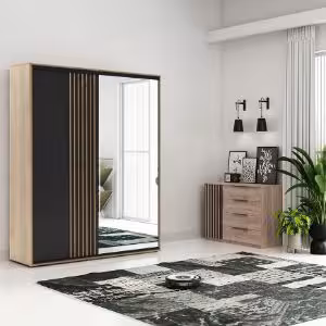 Obrazek Szafa Milo 200 z lamelami czarny+craft złoty