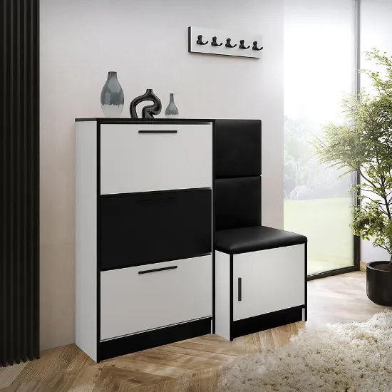 Obrazek Szafka Na Buty Kpl Foli Biały + Czarna Ekoskóra (MADRYT 1100)