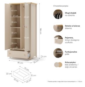 Obrazek Szafa dwudrzwiowa z szufladą Story SO-12 beż piaskowy/dąb vincenza