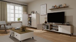 Obrazek Stolik kawowy z szufladami Punto Kaszmir Beżowy/Dąb Castello