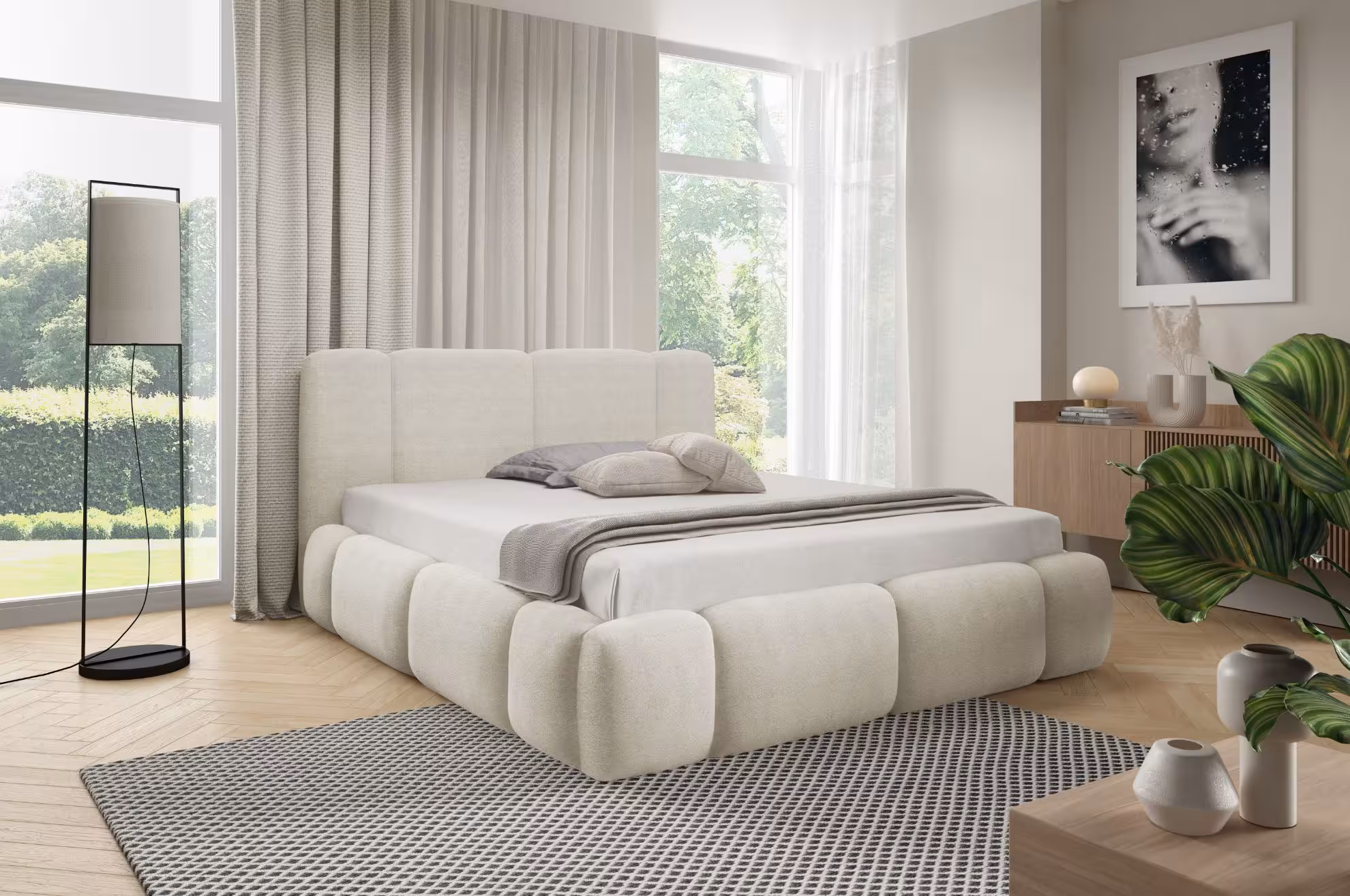 Łóżko tapicerowane Merinno 180x200 kremowy bez oświetlenia LED