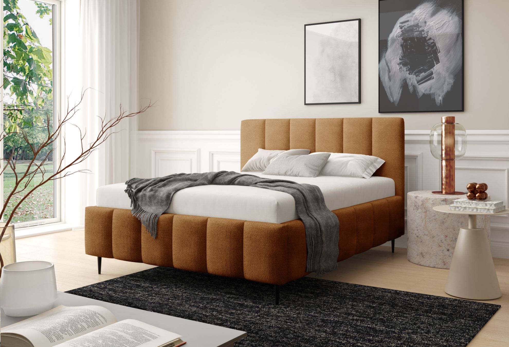 Łóżko tapicerowane z nogami Krima 140x200 rudy