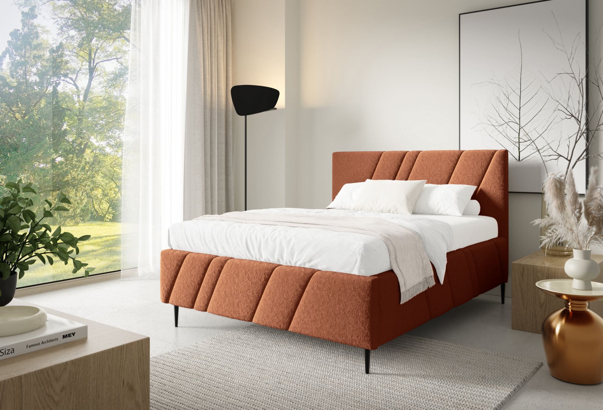 Łóżko tapicerowane z nogami Kseno 140x200 pomarańczowy